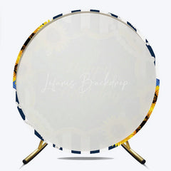 Lofaris Happy Birthday Round Backdrop Sunflower and Blue Rose Floral Navy White Stripes Party Decor