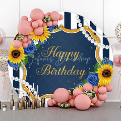 Lofaris Happy Birthday Round Backdrop Sunflower and Blue Rose Floral Navy White Stripes Party Decor