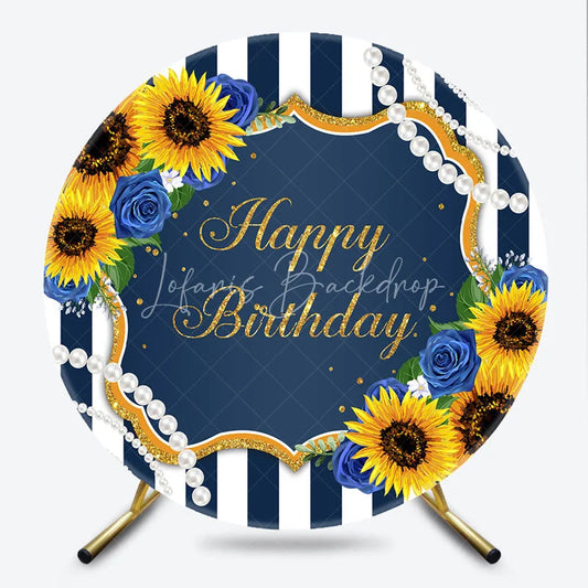 Lofaris Happy Birthday Round Backdrop Sunflower and Blue Rose Floral Navy White Stripes Party Decor