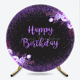 Lofaris Happy Birthday Round Backdrop for Women Black and Purple Glitter with Floral Elegant Milestone Party Photo Prop