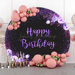 Lofaris Happy Birthday Round Backdrop for Women Black and Purple Glitter with Floral Elegant Milestone Party Photo Prop