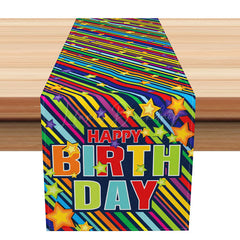 Lofaris Happy Birthday Table Runner with Colorful Rainbow Stripes Fun and Festive Party Supplies for Kids Celebration