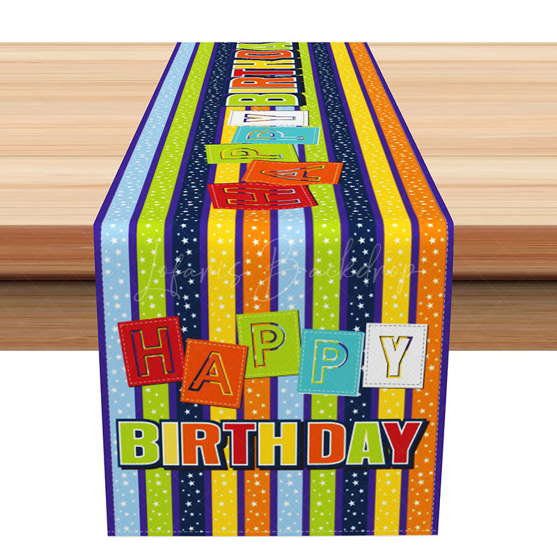 Lofaris Happy Birthday Table Runner with Colorful Stripes and Sparkles for Fun Festive Party Decor