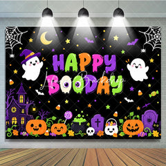 Lofaris Happy Booday Halloween Birthday Backdrop Cute Cartoon Ghosts Pumpkins and Haunted House Decor