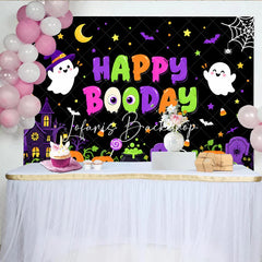 Lofaris Happy Booday Halloween Birthday Backdrop Cute Cartoon Ghosts Pumpkins and Haunted House Decor