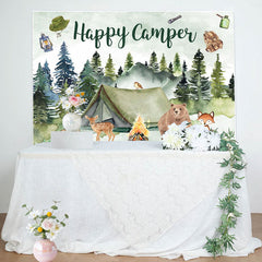 Lofaris Happy Camper Green Watercolor Bear Birthday Backdrop