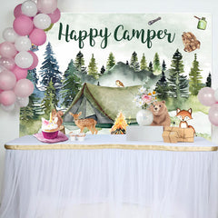 Lofaris Happy Camper Green Watercolor Bear Birthday Backdrop