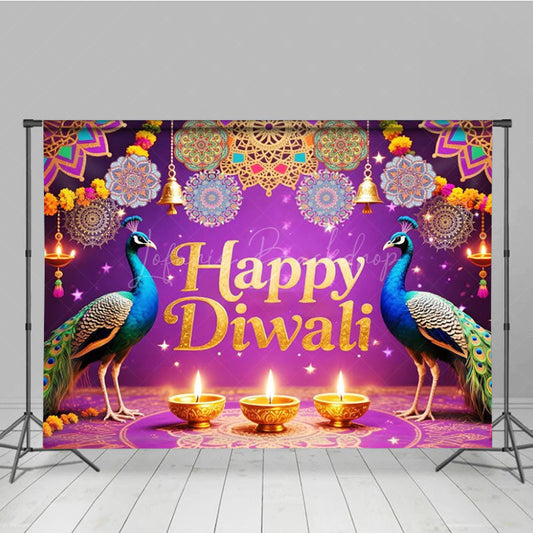 Lofaris Happy Diwali Backdrop for Festival of Lights Indian Celebration with Peacocks Diya Lamps and Mandala Decor