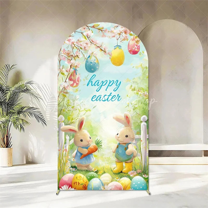 Lofaris Happy Easter Arch Backdrop Cute Bunnies and Colorful Eggs in Spring Garden for Party Decoration