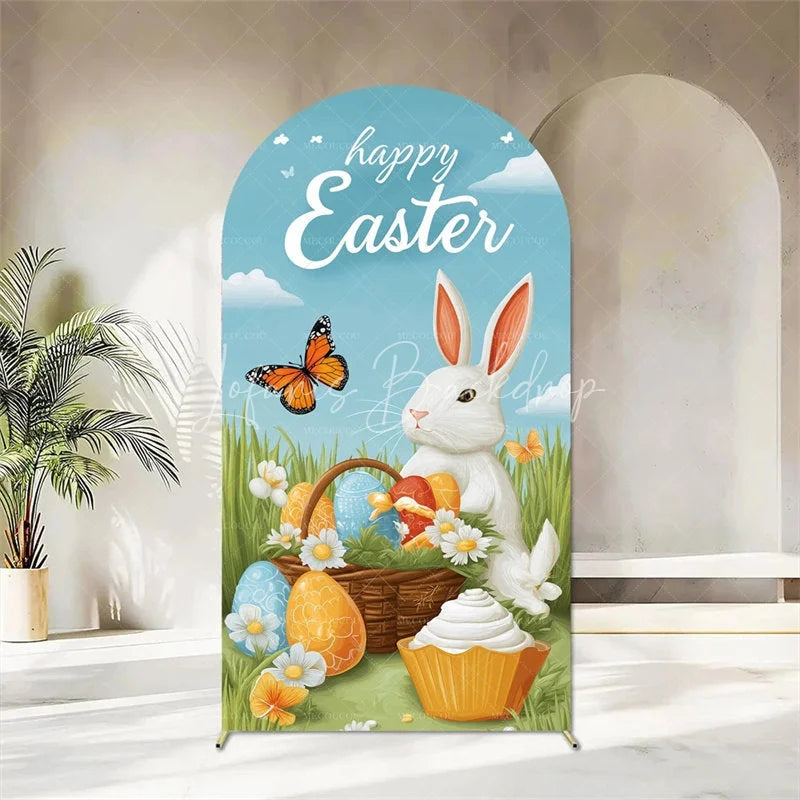 Lofaris Happy Easter Arch Backdrop Cute Bunnies and Colorful Eggs in Spring Garden for Party Decoration