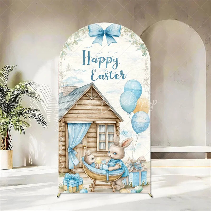 Lofaris Happy Easter Arch Backdrop Cute Bunnies and Colorful Eggs in Spring Garden for Party Decoration