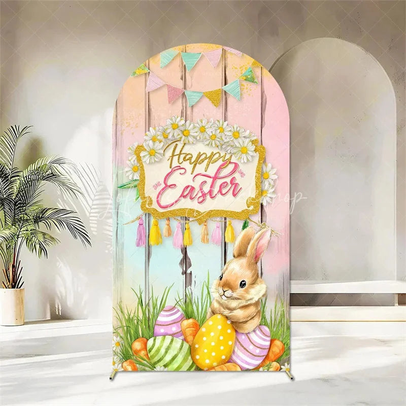 Lofaris Happy Easter Arch Backdrop Cute Bunnies and Colorful Eggs in Spring Garden for Party Decoration
