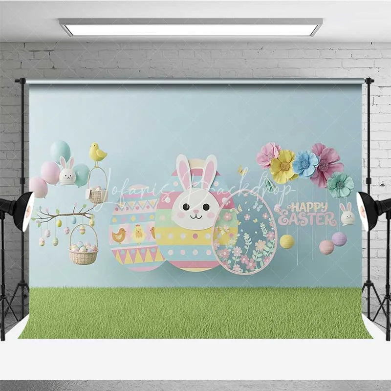 Lofaris Happy Easter Backdrop Blue Paper Craft Style Bunny Flower Eggs Photography Background Kids Party Decoration