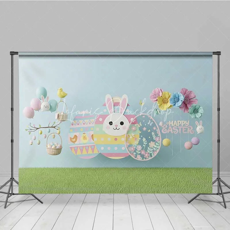 Lofaris Happy Easter Backdrop Blue Paper Craft Style Bunny Flower Eggs Photography Background Kids Party Decoration