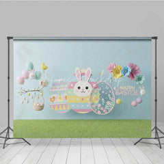 Lofaris Happy Easter Backdrop Blue Paper Craft Style Bunny Flower Eggs Photography Background Kids Party Decoration