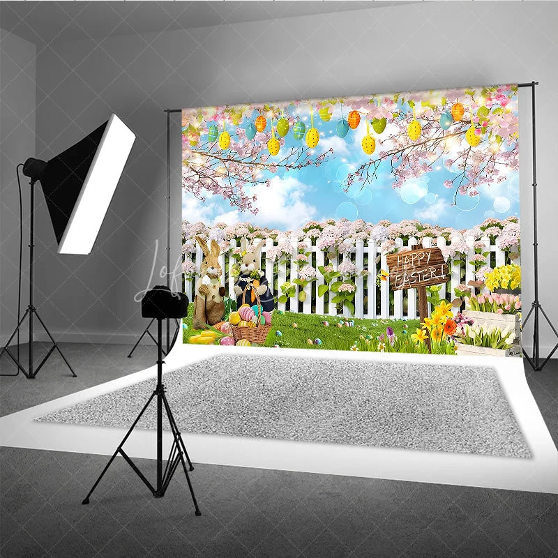 Lofaris Happy Easter Backdrop Bunnies and Basket in Flower Garden with White Fence Background Spring Nature Party Decor