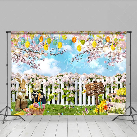 Lofaris Happy Easter Backdrop Bunnies and Basket in Flower Garden with White Fence Background Spring Nature Party Decor