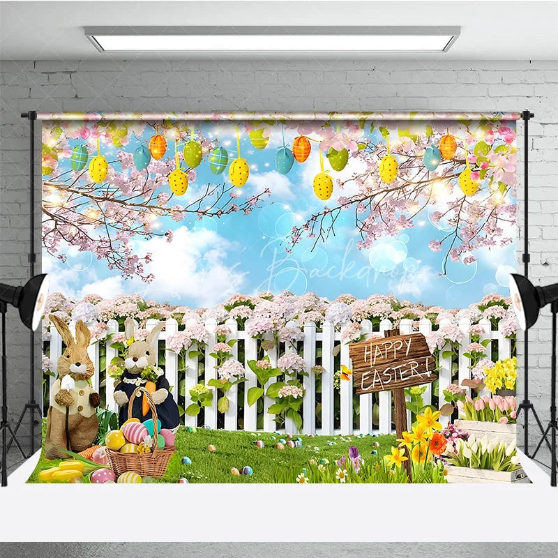Lofaris Happy Easter Backdrop Bunnies and Basket in Flower Garden with White Fence Background Spring Nature Party Decor