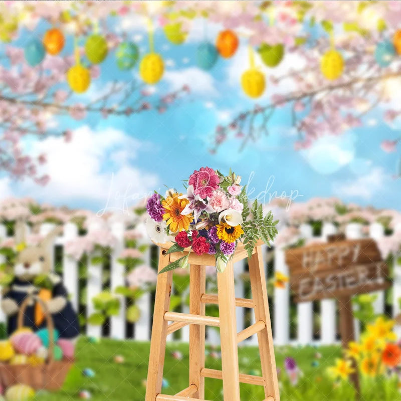 Lofaris Happy Easter Backdrop Bunnies and Basket in Flower Garden with White Fence Background Spring Nature Party Decor