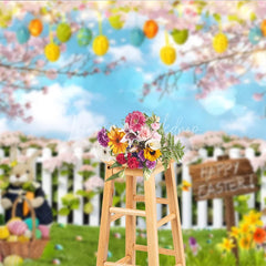 Lofaris Happy Easter Backdrop Bunnies and Basket in Flower Garden with White Fence Background Spring Nature Party Decor
