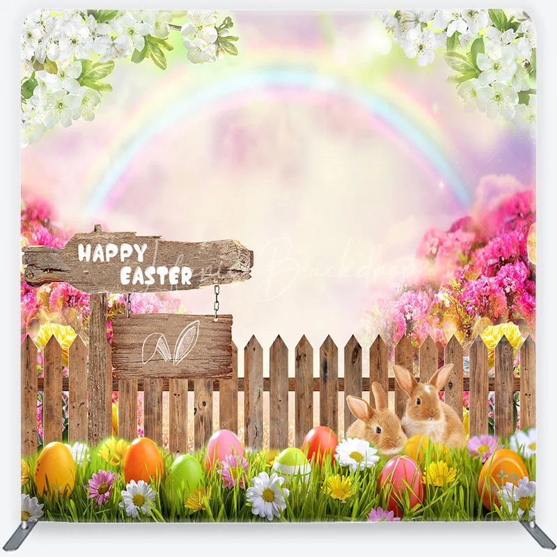 Lofaris Happy Easter Bunnies and Colorful Eggs Backdrop Spring Garden Rainbow Party Decor Tension Fabric
