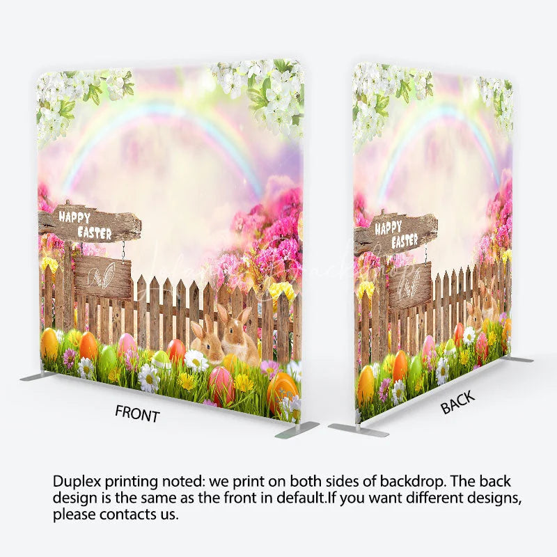 Lofaris Happy Easter Bunnies and Colorful Eggs Backdrop Spring Garden Rainbow Party Decor Tension Fabric