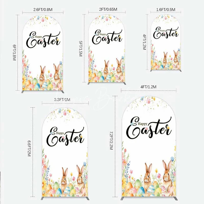 Lofaris Happy Easter Bunnies with Colorful Eggs and Flowers Arch Backdrop Gold Glitter Spring Party Decor