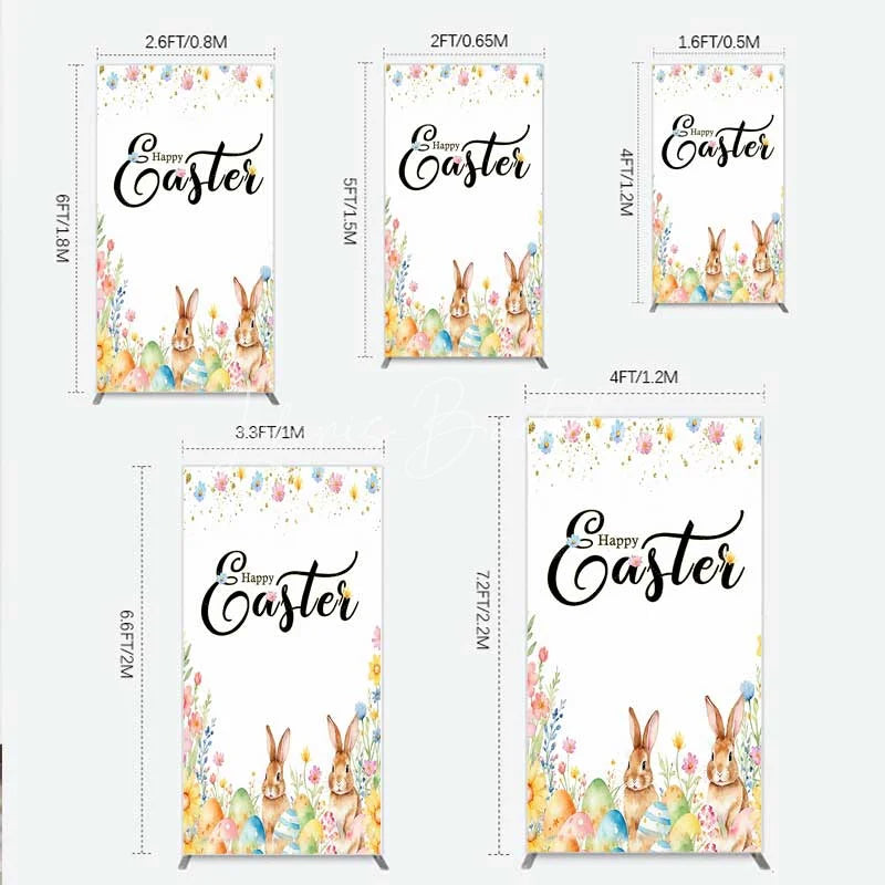 Lofaris Happy Easter Bunnies with Colorful Eggs and Flowers Rectangle Backdrop Gold Glitter Spring Party Decor