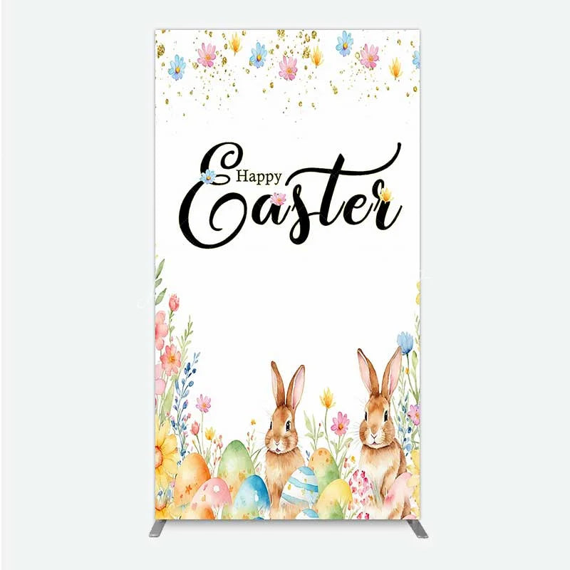 Lofaris Happy Easter Bunnies with Colorful Eggs and Flowers Rectangle Backdrop Gold Glitter Spring Party Decor