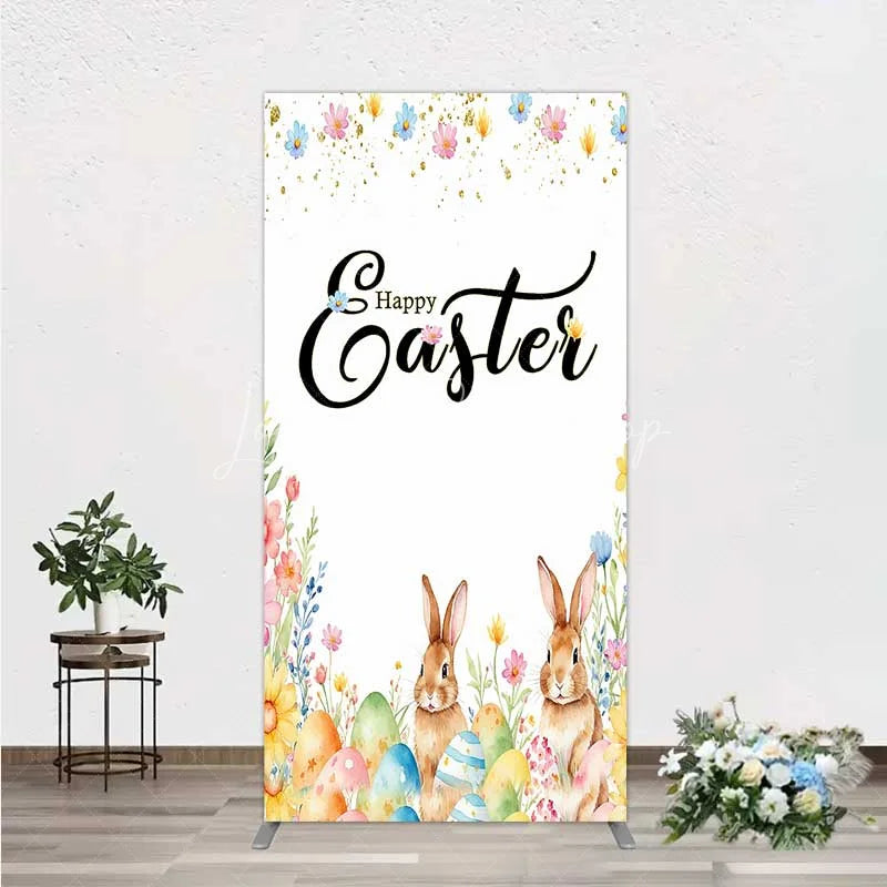 Lofaris Happy Easter Bunnies with Colorful Eggs and Flowers Rectangle Backdrop Gold Glitter Spring Party Decor