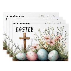Lofaris Happy Easter Cross Set of 4 Placemats Pink Floral Speckled Eggs Table Mats Religious Spring Holiday Kitchen Decor