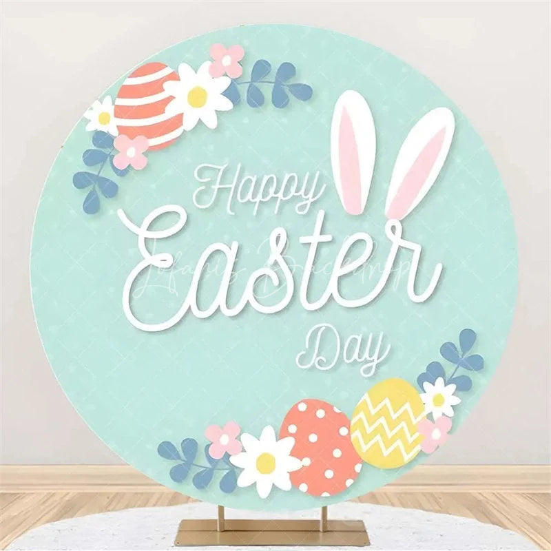 Lofaris Happy Easter Round Backdrop Colorful Egg Twig Wreath Cover Spring Floral Circle Background