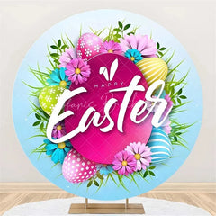 Lofaris Happy Easter Round Backdrop Colorful Egg Twig Wreath Cover Spring Floral Circle Background