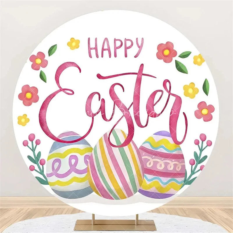 Lofaris Happy Easter Round Backdrop Colorful Egg Twig Wreath Cover Spring Floral Circle Background