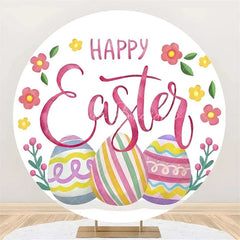 Lofaris Happy Easter Round Backdrop Colorful Egg Twig Wreath Cover Spring Floral Circle Background