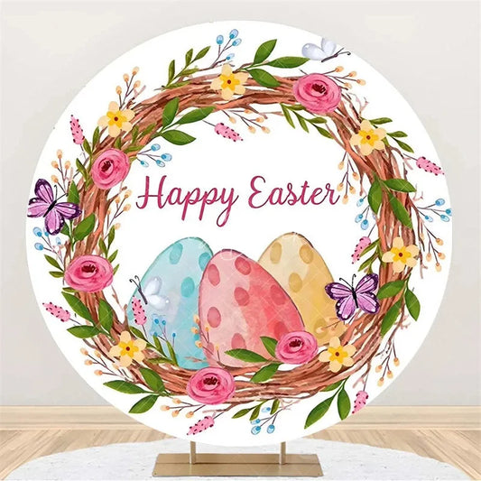 Lofaris Happy Easter Round Backdrop Colorful Egg Twig Wreath Cover Spring Floral Circle Background