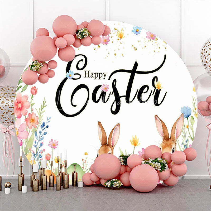 Lofaris Happy Easter Round Backdrop Watercolor Bunny and Spring Eggs Party Photography Background