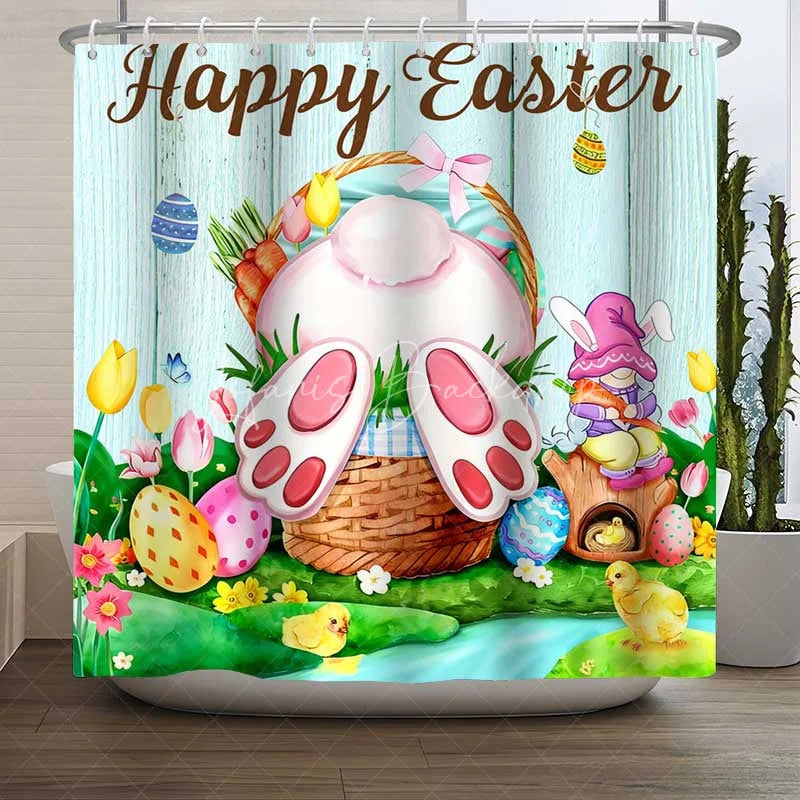 Lofaris Happy Easter Shower Curtain Funny Bunny Butt Basket Gnome Bathroom Decoration Rustic Wood Spring Holiday Bath Set