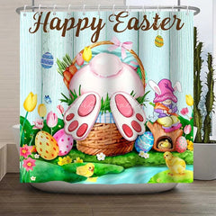 Lofaris Happy Easter Shower Curtain Funny Bunny Butt Basket Gnome Bathroom Decoration Rustic Wood Spring Holiday Bath Set