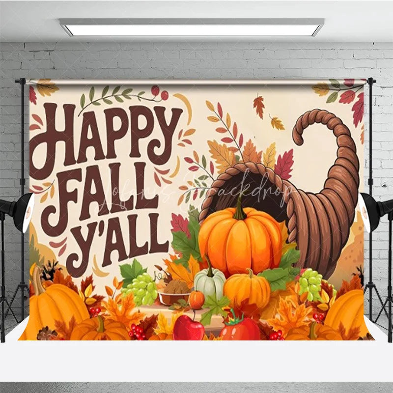 Lofaris Happy Fall Y’all Backdrop for Thanksgiving Autumn Harvest Cornucopia with Pumpkins Rustic Farmhouse Decor