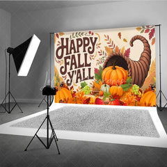 Lofaris Happy Fall Y’all Backdrop for Thanksgiving Autumn Harvest Cornucopia with Pumpkins Rustic Farmhouse Decor