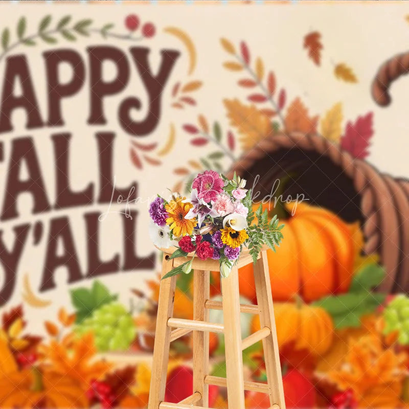 Lofaris Happy Fall Y’all Backdrop for Thanksgiving Autumn Harvest Cornucopia with Pumpkins Rustic Farmhouse Decor