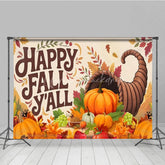 Lofaris Happy Fall Y’all Backdrop for Thanksgiving Autumn Harvest Cornucopia with Pumpkins Rustic Farmhouse Decor