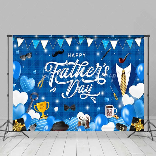 Lofaris Happy Fathers Day Backdrop Blue Plaid and Masculine Elements Background Best Dad Trophy Tools Party Banner