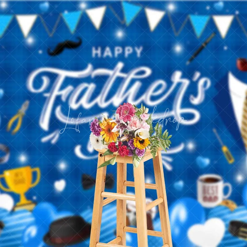 Lofaris Happy Fathers Day Backdrop Blue Plaid and Masculine Elements Background Best Dad Trophy Tools Party Banner