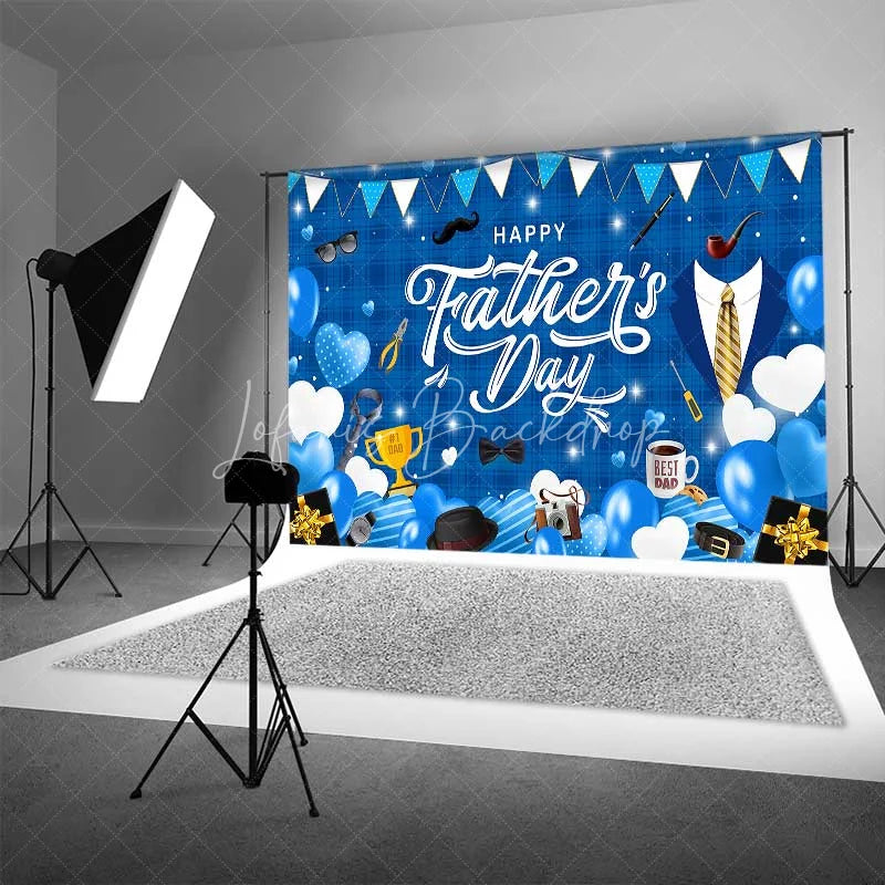 Lofaris Happy Fathers Day Backdrop Blue Plaid and Masculine Elements Background Best Dad Trophy Tools Party Banner