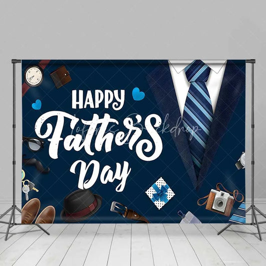 Lofaris Happy Fathers Day Backdrop Navy Blue Suit and Tie Photography Background Masculine Accessories Party Decorations