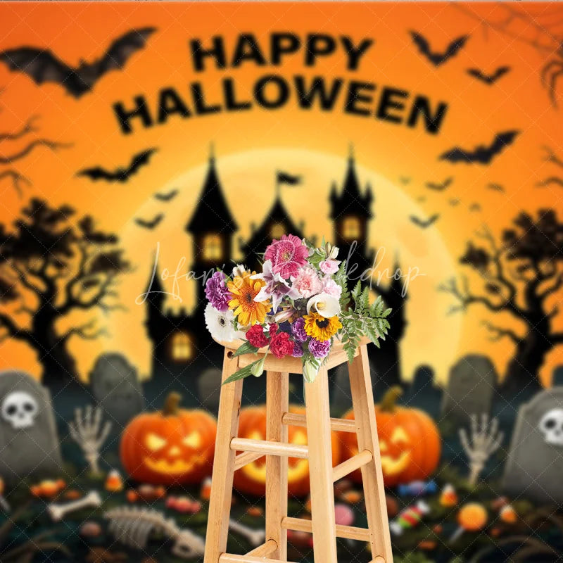 Lofaris Happy Halloween Spooky Castle and Jack-O-Lanterns Holiday Backdrop Spiders Eerie Graveyard Scene Party Decor