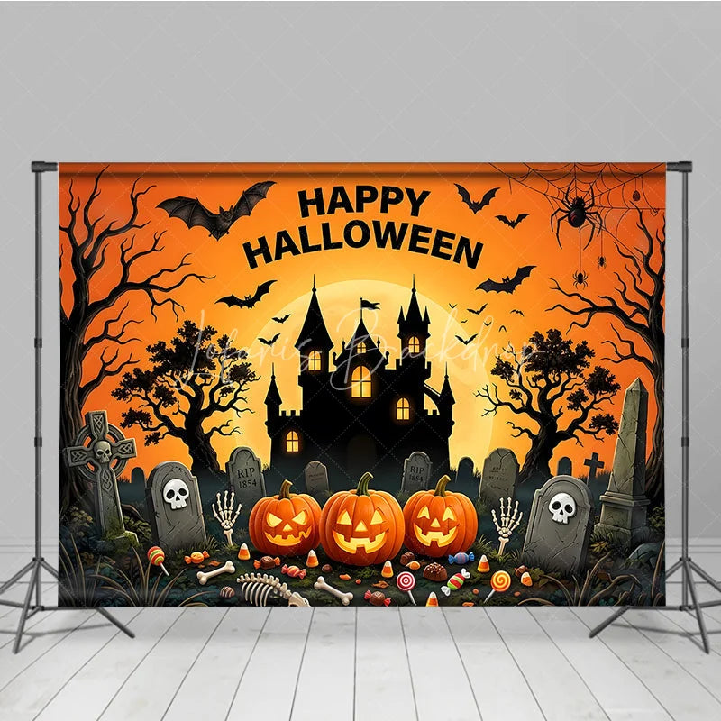 Lofaris Happy Halloween Spooky Castle and Jack-O-Lanterns Holiday Backdrop Spiders Eerie Graveyard Scene Party Decor