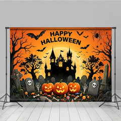 Lofaris Happy Halloween Spooky Castle and Jack-O-Lanterns Holiday Backdrop Spiders Eerie Graveyard Scene Party Decor